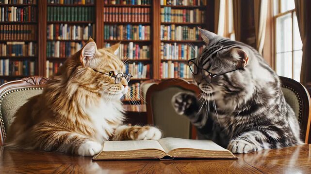 Two bespectacled cats, seated attentively at a wooden table surrounded by open book pages, embody the concept of interspecies friendship and knowledge sharing as they delve into literature.