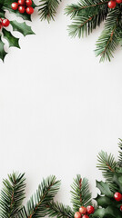 Christmas holly and pine branches frame white background creating festive and joyful holiday atmosphere perfect for seasonal greeting cards