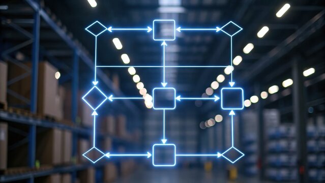 A digital flowchart overlays a warehouse, showing logistics and inventory management processes amid shelves of boxes.