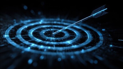 Glowing arrow strikes digital target center on black background.