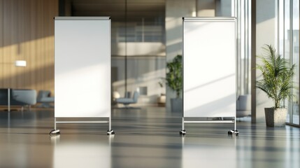 presentation space for modern office showcasing blank whiteboards against a backdrop of sleek corporate design elements and subtle light play