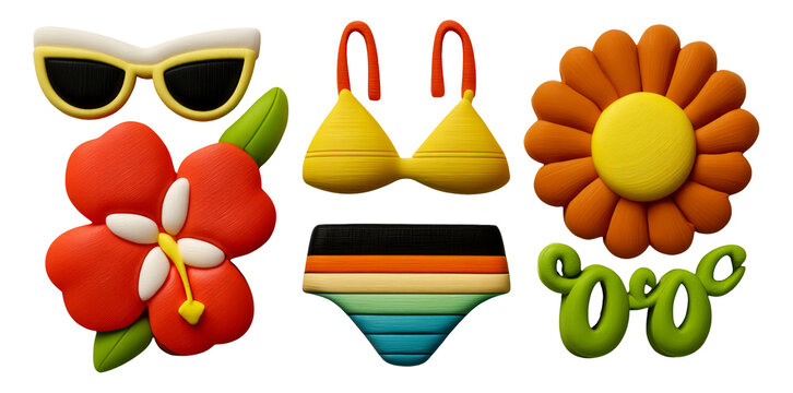Colorful Summer Icons Featuring Sunglasses, Bikini, Flower, and Fun Elements
