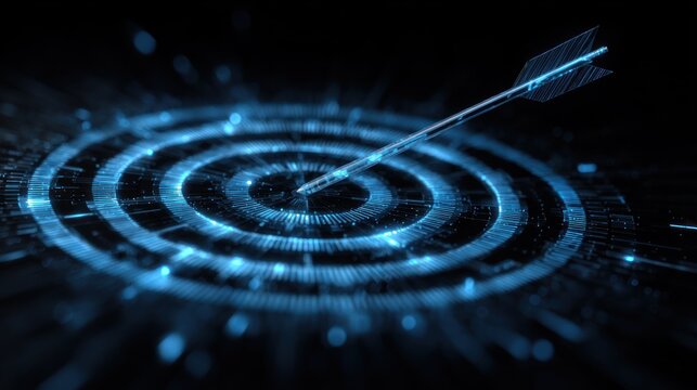 Glowing arrow strikes digital target center on black background.