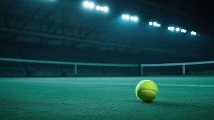 a solitary tennis ball rests on an emerald court bathed in the glow of stadium lights, awaiting the next rally or the start of a thrilling match
