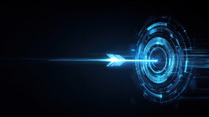 Glowing blue arrow hits futuristic digital target on dark background.