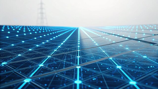 A futuristic landscape featuring a grid of interconnected blue dots and lines, suggesting technology and digital connectivity under a hazy sky.