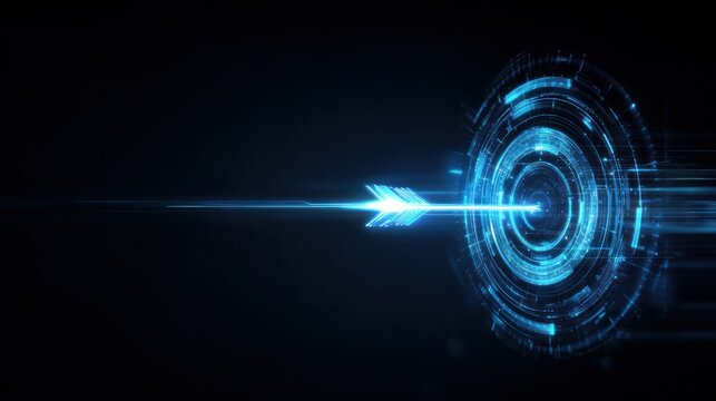 Glowing blue arrow hits futuristic digital target on dark background.