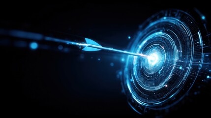 Glowing blue arrow striking digital target center in darkness