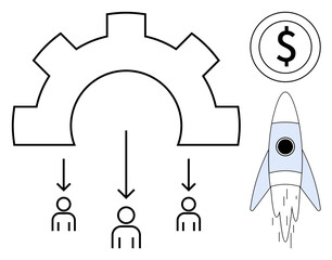 Gear distributing tasks to individuals, rocket symbolizing innovation, dollar sign for financial success. Ideal for teamwork, efficiency, innovation, growth, leadership, technology simple flat
