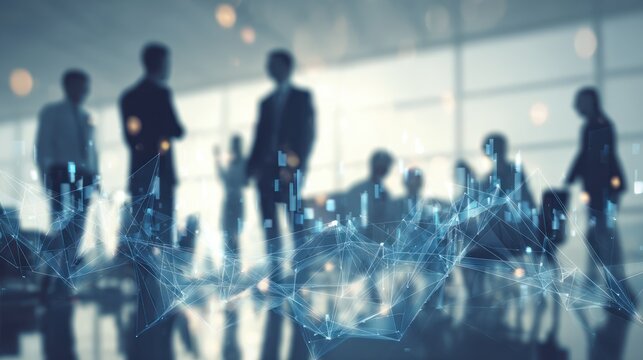 Blurred business meeting overlaid with abstract digital network graphics