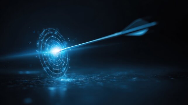 Arrow hitting glowing digital target in dark environment - Powered by Adobe