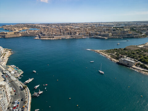 Malta Manoel Island panorama with historic Fort Manoel and Sliema creek yacht bay aerial drone view.
