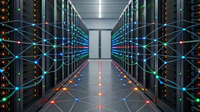 A high-tech data center featuring server racks interconnected by colorful network cables, showcasing modern computing technology and data management.