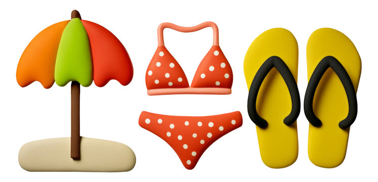 Colorful Beach Accessories Including Umbrella, Bikini, and Flip Flops on Transparent Background