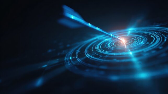 Glowing blue arrow hitting a digital target center in dark space.