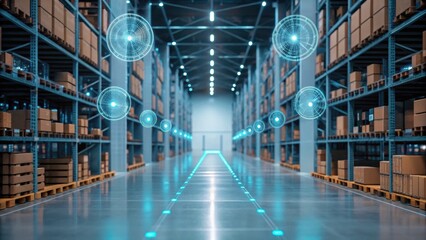 A futuristic warehouse interior featuring shelves of boxes and digital network visuals, illustrating advanced logistics and technology integration.