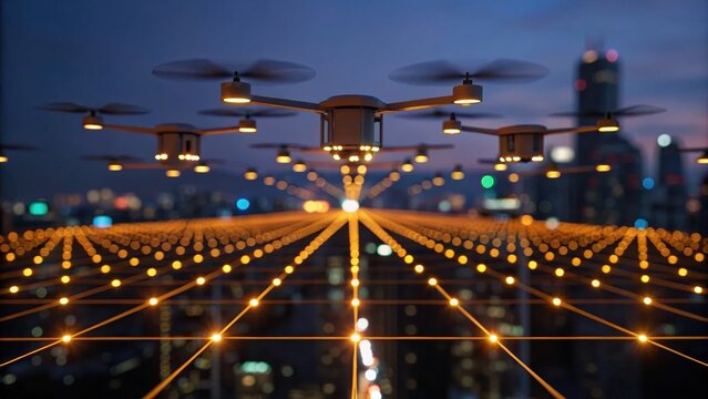 A mesmerizing aerial view of drones flying over a cityscape, illuminated by vibrant lights, creating a stunning visual display at dusk.