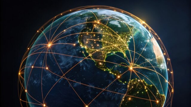 A digital representation of Earth with glowing network connections, symbolizing global communication and connectivity. - Powered by Adobe