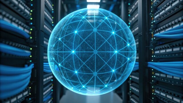 A digital globe surrounded by data servers, symbolizing connectivity and technology in a modern data center. - Powered by Adobe