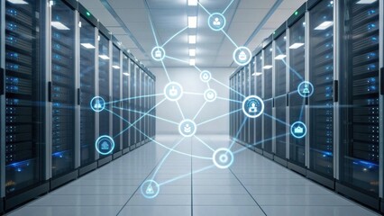 A modern server room with rows of data storage units and a digital network overlay, illustrating connectivity and technology.