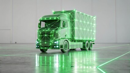 A futuristic truck with a green wireframe design, set in a minimalist environment, showcasing advanced transportation technology.