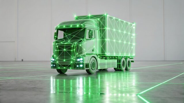 A futuristic truck with a green wireframe design, set in a minimalist environment, showcasing advanced transportation technology. - Powered by Adobe