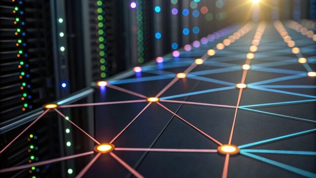 A futuristic server room with illuminated pathways, highlighting the connections between data servers, creating a visually striking technological landscape.
