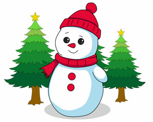 Cute Snowman with Red Hat and Scarf in Christmas Forest