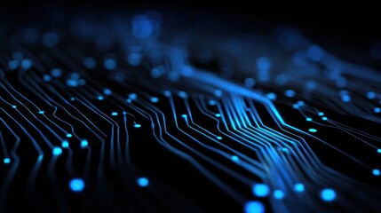 Glowing blue circuit board traces against a dark background abstractly.