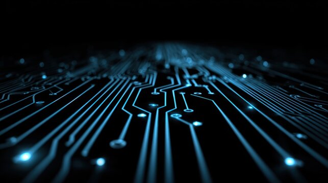 Glowing blue circuit board traces extending into dark background distance