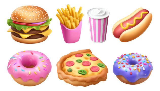 Fun and Colorful Fast Food Collection with Hamburger, Pizza, Donuts, and Fries