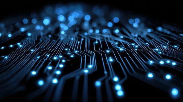 Glowing blue circuit board traces against a dark background abstractly. - Powered by Adobe