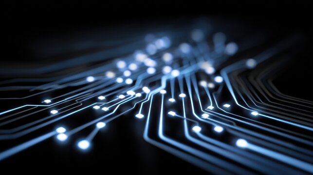 Glowing blue circuit board traces against a dark background abstractly. - Powered by Adobe