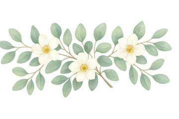 Fototapeta premium Watercolor floral border with delicate white flowers and green leaves creating a botanical arrangement on transparent background