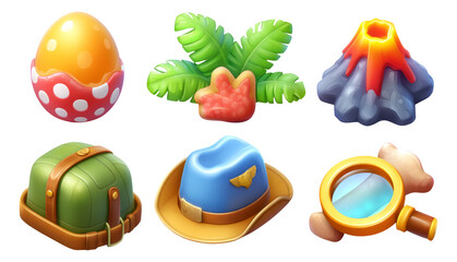 Colorful cartoon illustrations of adventure-themed objects and nature elements
