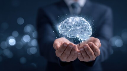 Businessman holding glowing digital brain model over dark background