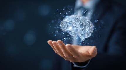 Hand holding glowing digital brain circuit against dark background.