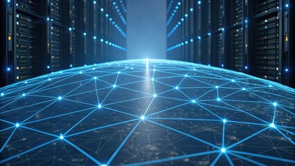 A futuristic data center with illuminated network nodes connecting across a digital globe, showcasing advanced technology and connectivity.
