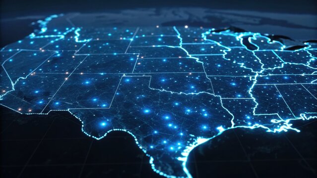 A digital map of the United States, illuminated with blue lights, showcasing interconnected networks across states.