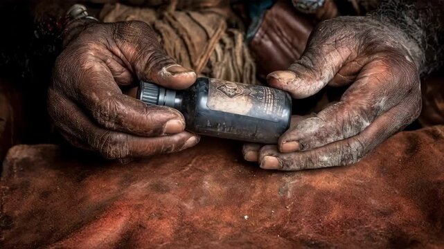 Closeup of hands applying earthy scentinfused oils to rich leather surfaces enhancing natural texture.