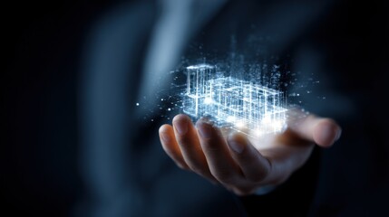 Hand holding glowing digital wireframe structure against dark background