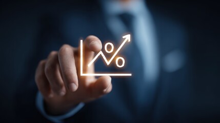 Businessman touches glowing upward trending percentage graph icon.