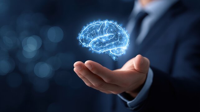 Businessman holding glowing digital brain hologram above open hand