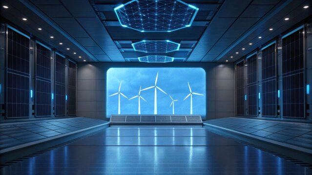 A futuristic room featuring wind turbines visible through a large screen, surrounded by sleek blue lighting and high-tech panels.