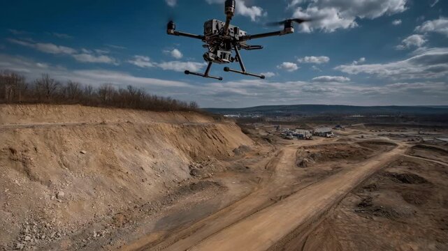 Autonomous drone performing systematic aerial surveillance above a hazardous waste zone highlighting difficulttoaccess areas for safety inspection.