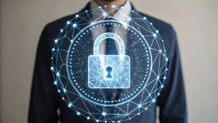 A man in a suit stands with a digital lock symbol, representing security and technology in a modern context.