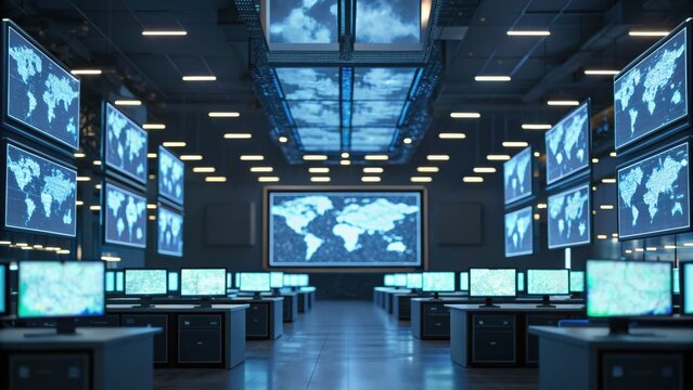 A modern control room filled with multiple screens displaying global maps and data, highlighting a high-tech environment for monitoring and analysis.