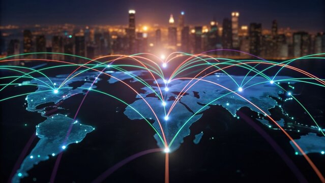 A digital representation of a global network, showcasing connections across continents against a city skyline backdrop.
