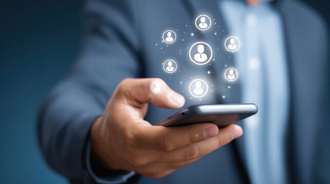 Businessman interacting with glowing user icons above a smartphone.