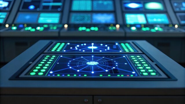 A futuristic control panel with glowing screens and buttons, emphasizing technology and interactivity in a modern environment.